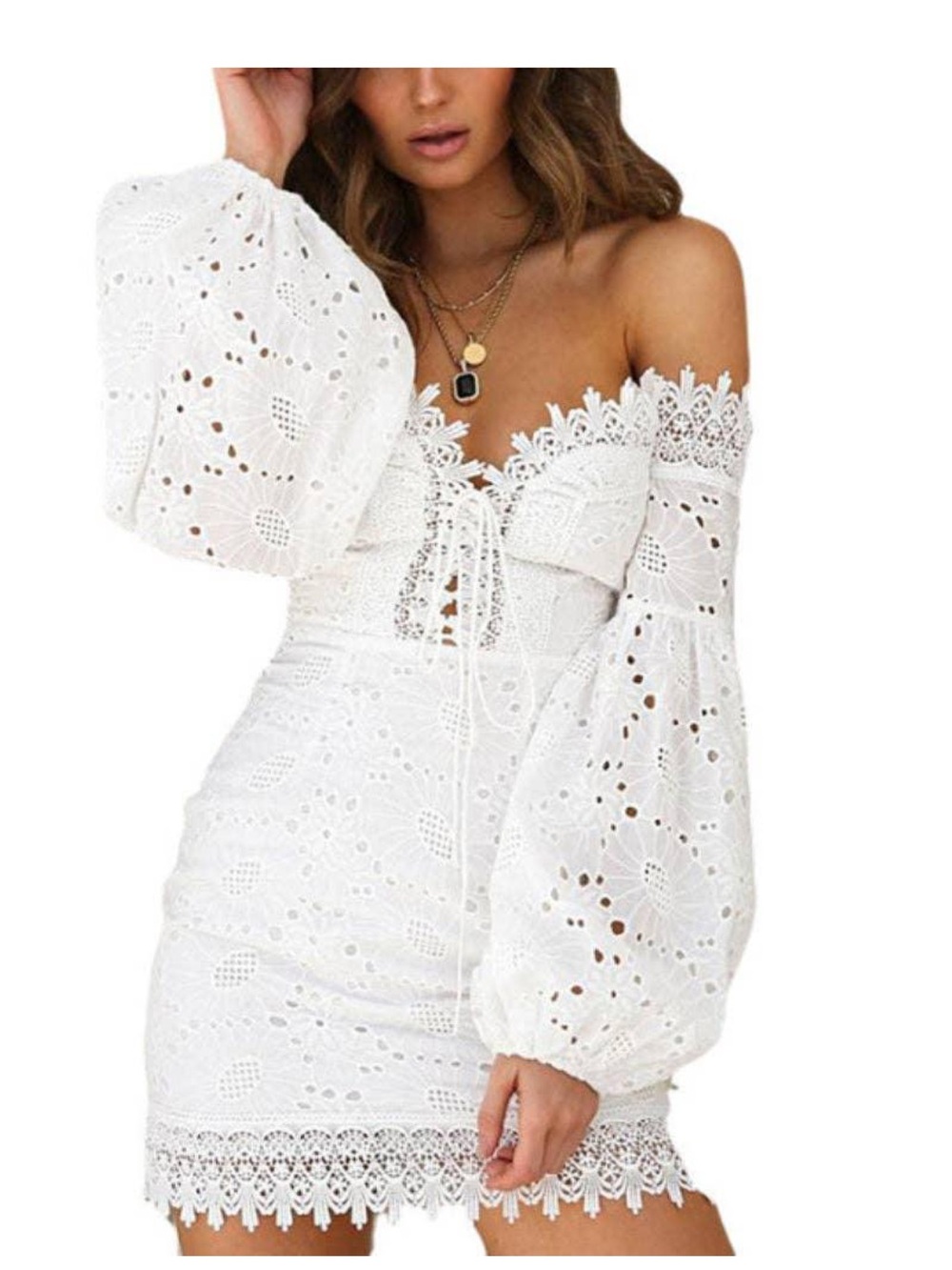 Tiger Mist White One-Shoulder Eyelet Lace Mini Dress with Balloon Sleeve